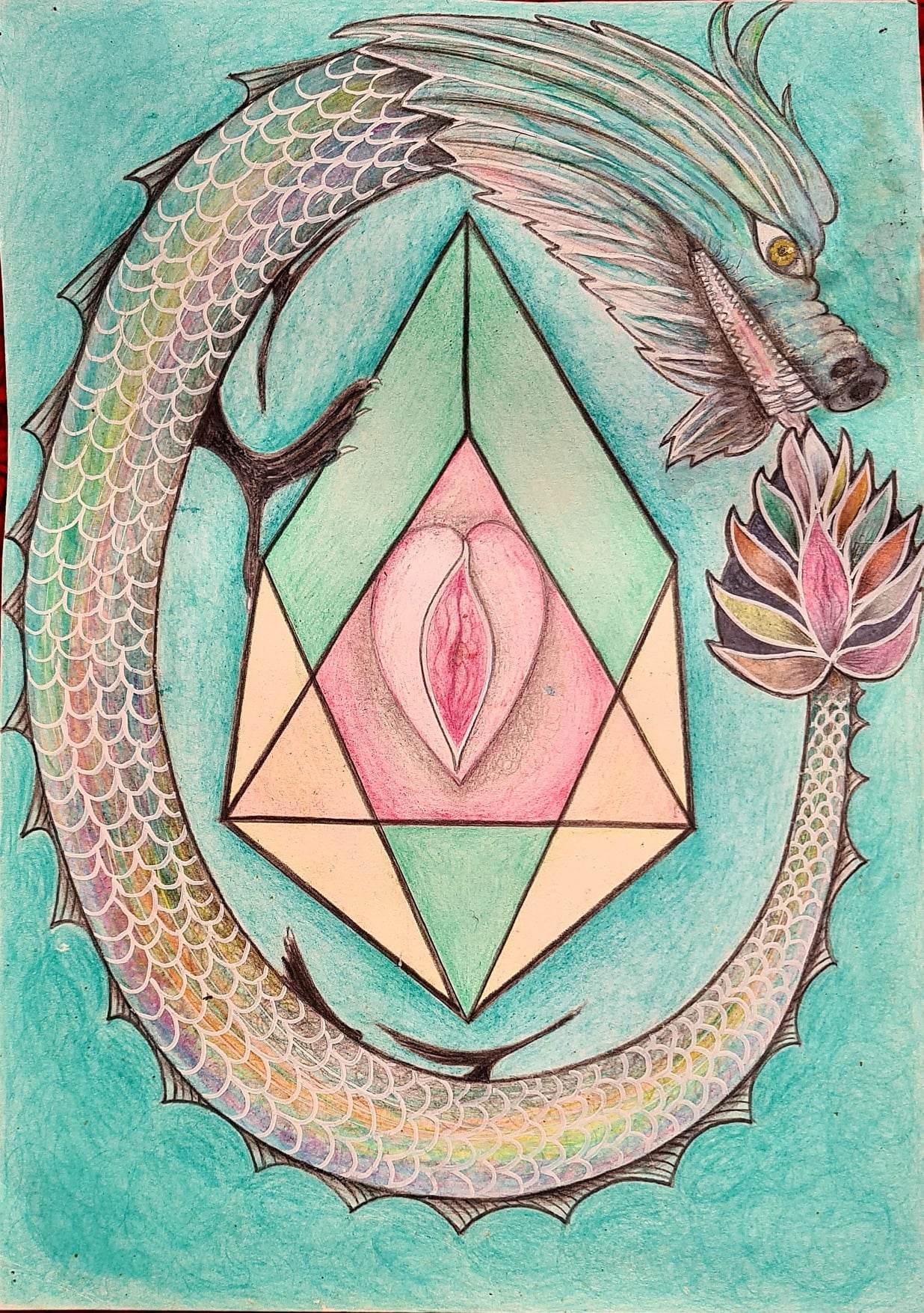 Rainbow Dragon , Chestahedron & Rose Drawing